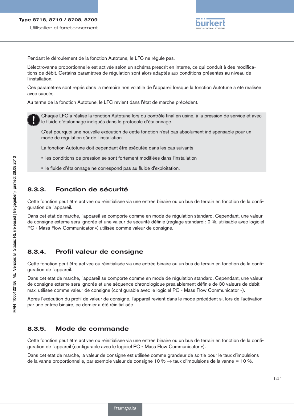 Fonction de sécurité, Profil valeur de consigne, Mode de commande | Burkert Type 8709 User Manual | Page 141 / 154