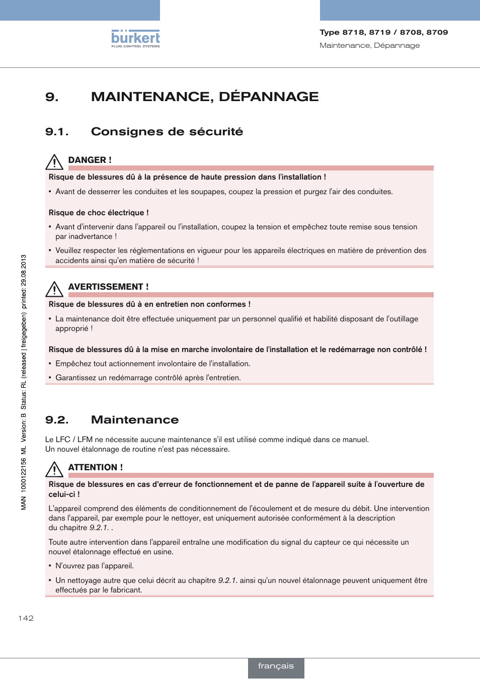 Maintenance, dépannage, Consignes de sécurité, Maintenance | Maintenance, dépannage 9, Consignes de sécurité 9.1, Maintenance 9.2 | Burkert Type 8709 User Manual | Page 142 / 154