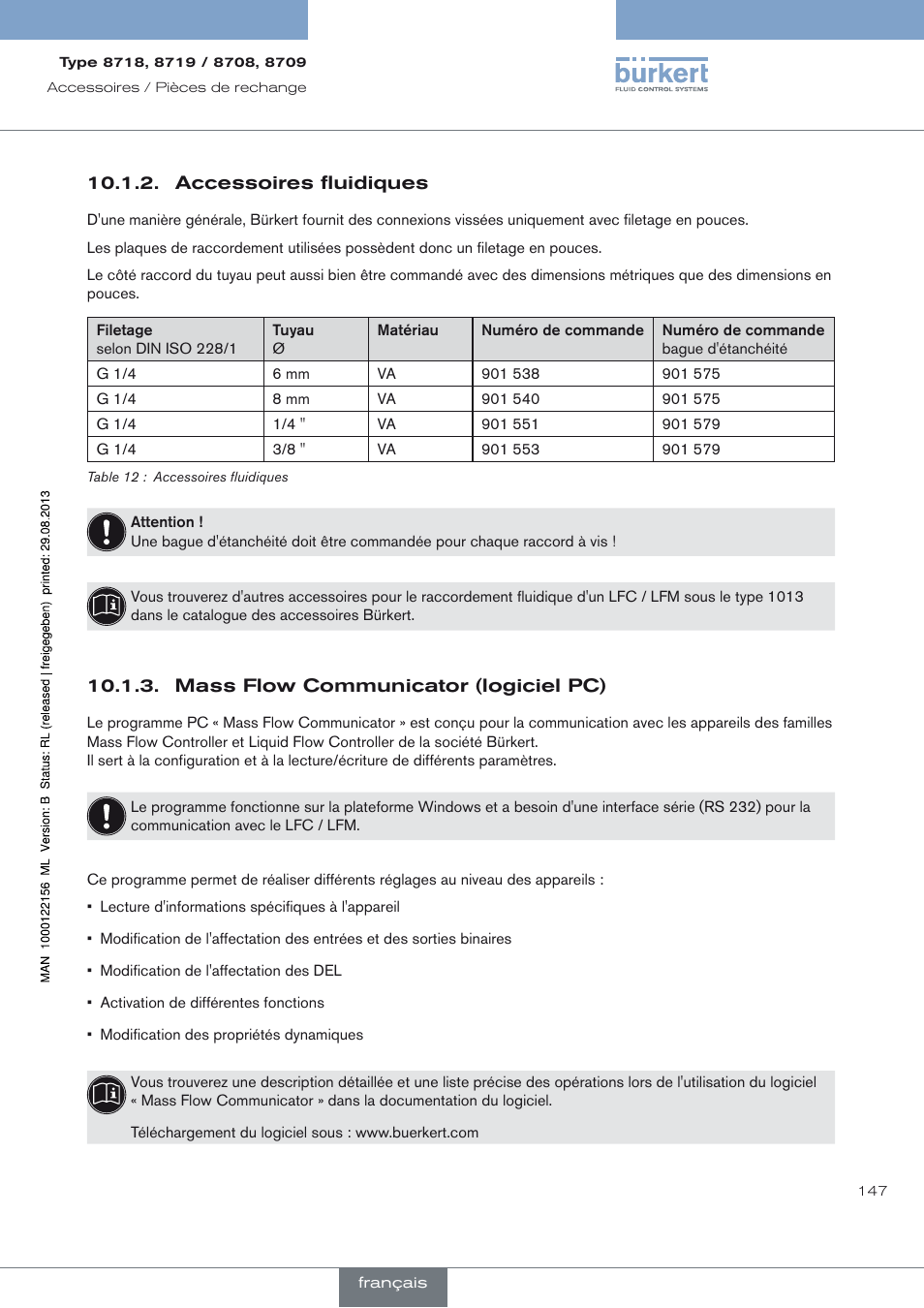 Accessoires fluidiques, Mass flow communicator (logiciel pc) | Burkert Type 8709 User Manual | Page 147 / 154