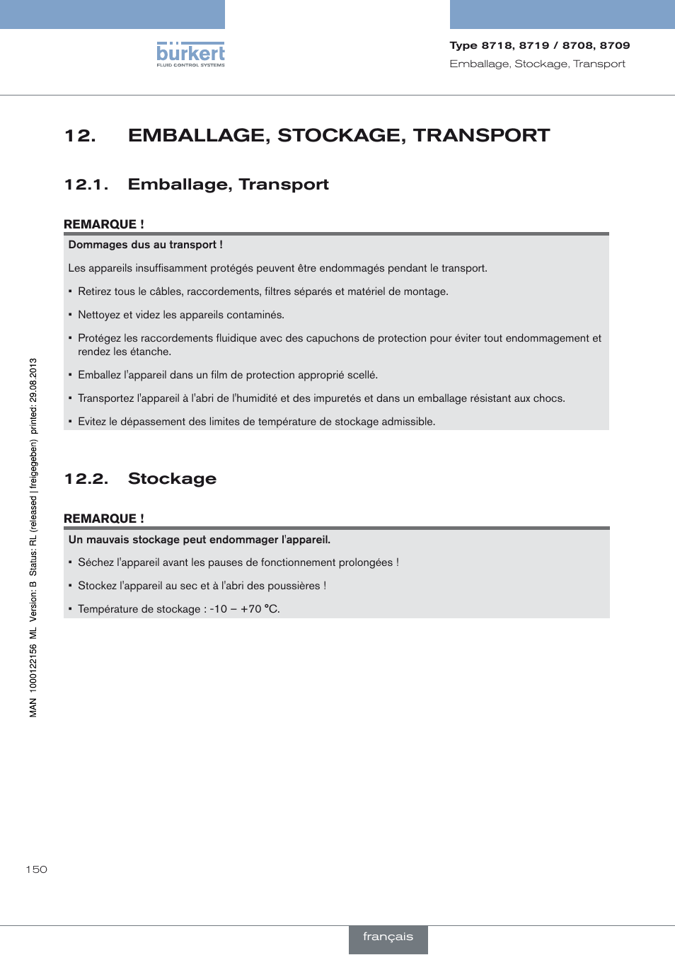Emballage, stockage, transport, Emballage, transport, Stockage | Emballage, stockage, transport 12, Stockage 12.2 | Burkert Type 8709 User Manual | Page 150 / 154
