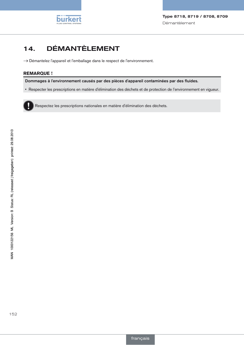 Démantèlement, Démantèlement 14 | Burkert Type 8709 User Manual | Page 152 / 154