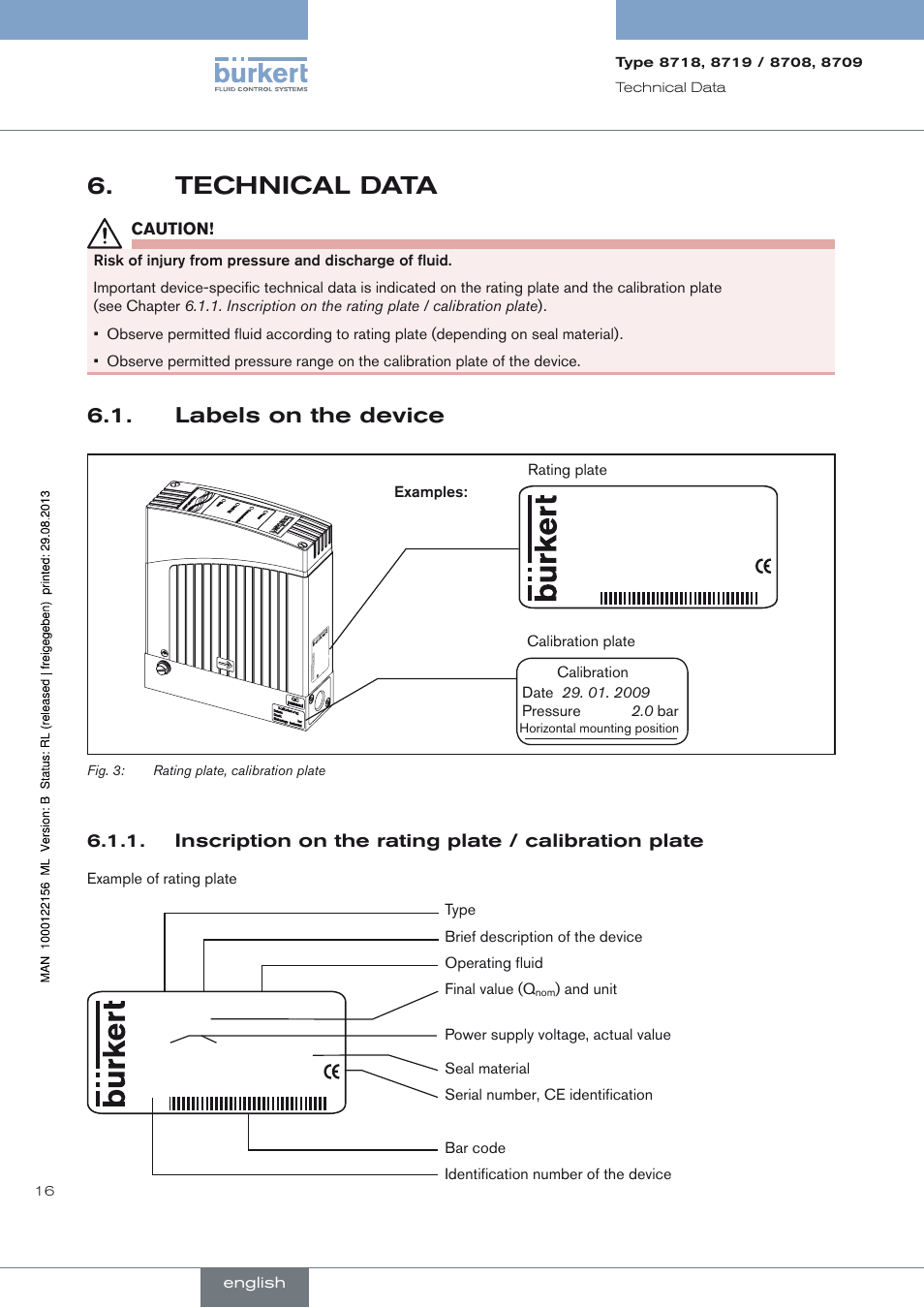 Technical data, Labels on the device, Technical data 6 | Labels on the device 6.1, 8719 lfc wasser | Burkert Type 8709 User Manual | Page 16 / 154