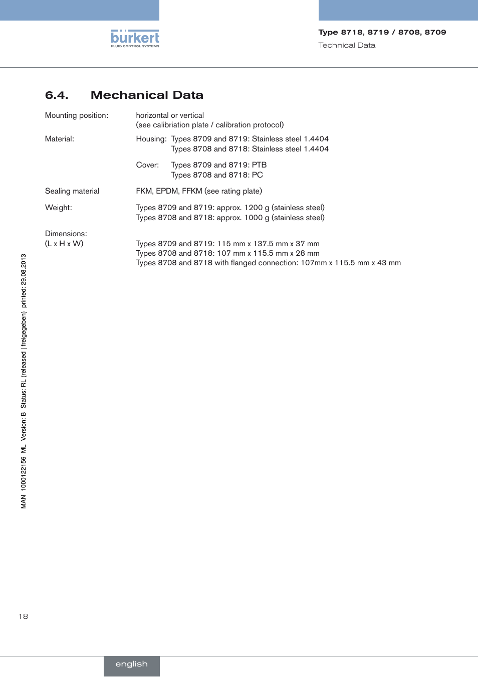 Mechanical data, Mechanical data 6.4 | Burkert Type 8709 User Manual | Page 18 / 154