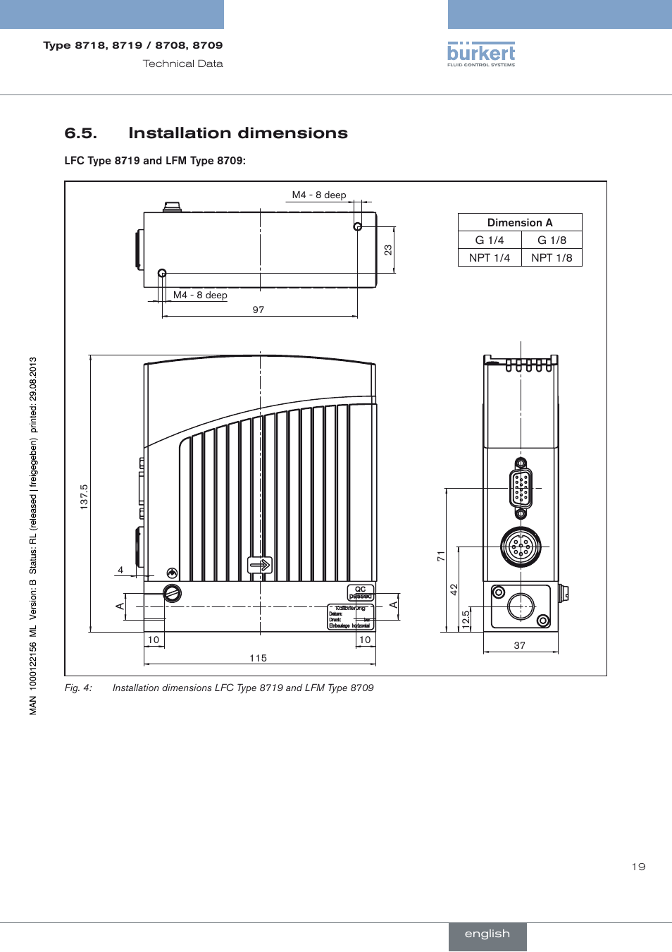 Installation dimensions, Installation dimensions 6.5 | Burkert Type 8709 User Manual | Page 19 / 154