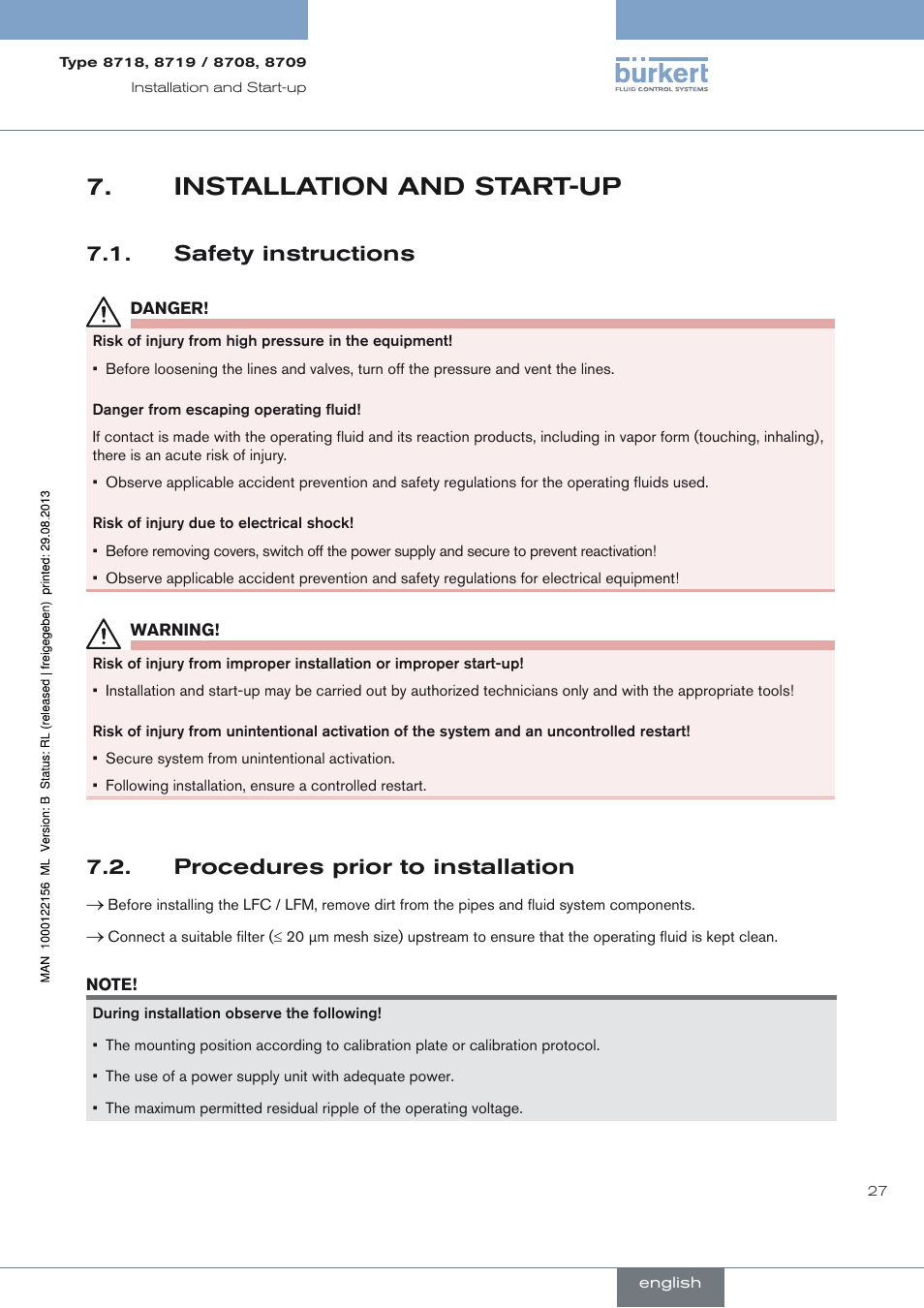 Installation and start-up, Safety instructions, Procedures prior to installation | Installation and start-up 7, Safety instructions 7.1, Procedures prior to installation 7.2 | Burkert Type 8709 User Manual | Page 27 / 154