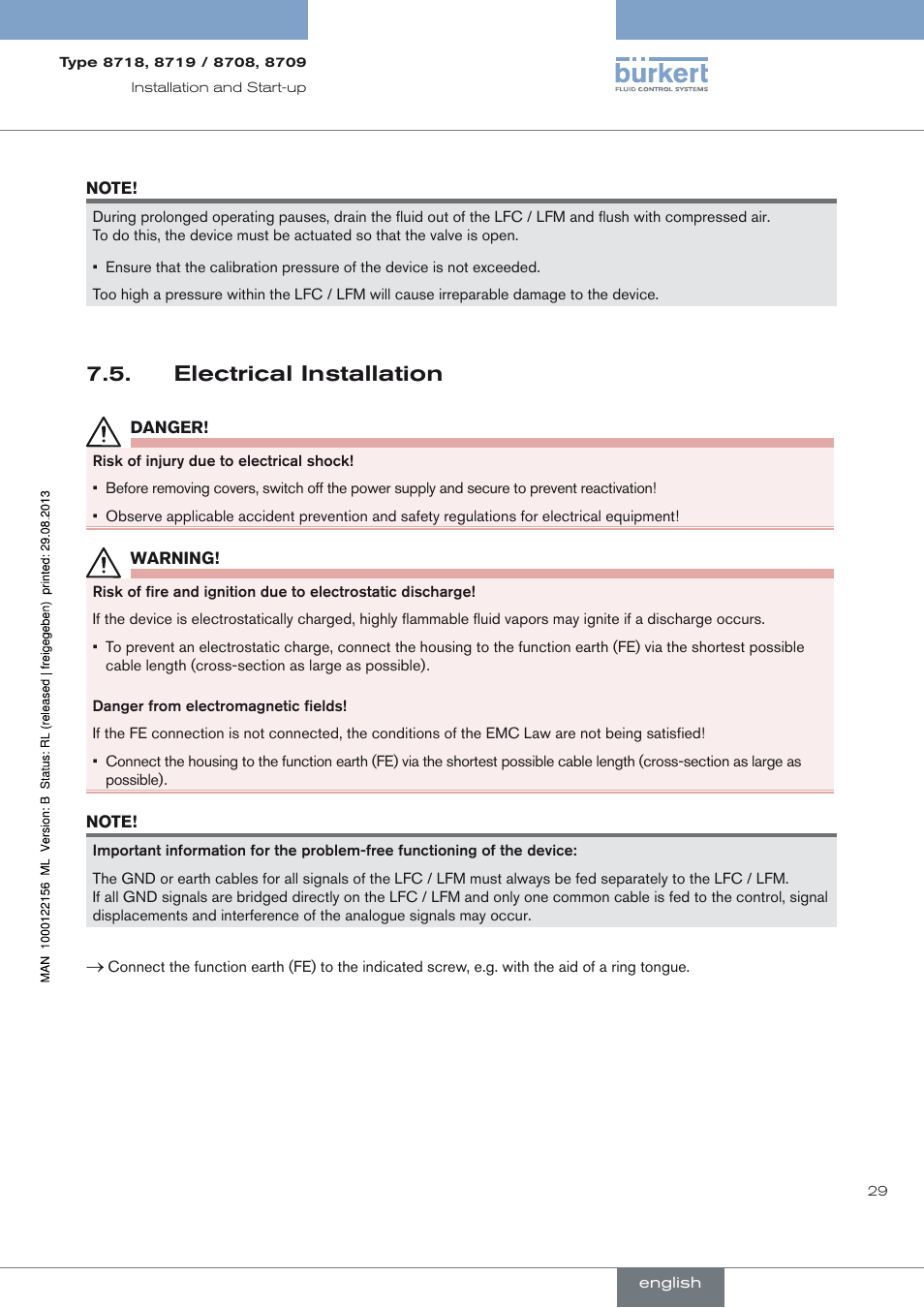 Electrical installation, Electrical installation 7.5 | Burkert Type 8709 User Manual | Page 29 / 154