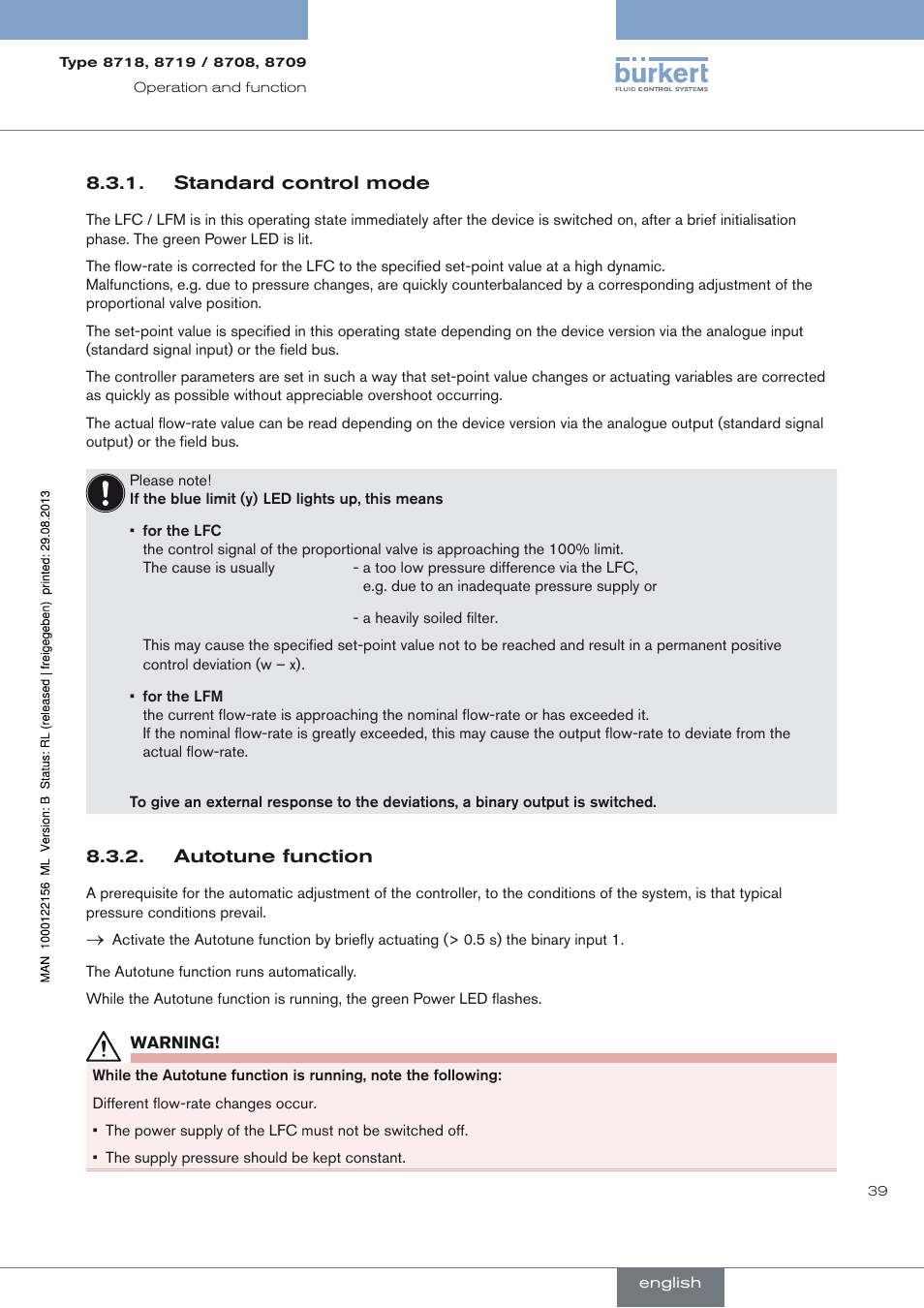 Standard control mode, Autotune function | Burkert Type 8709 User Manual | Page 39 / 154