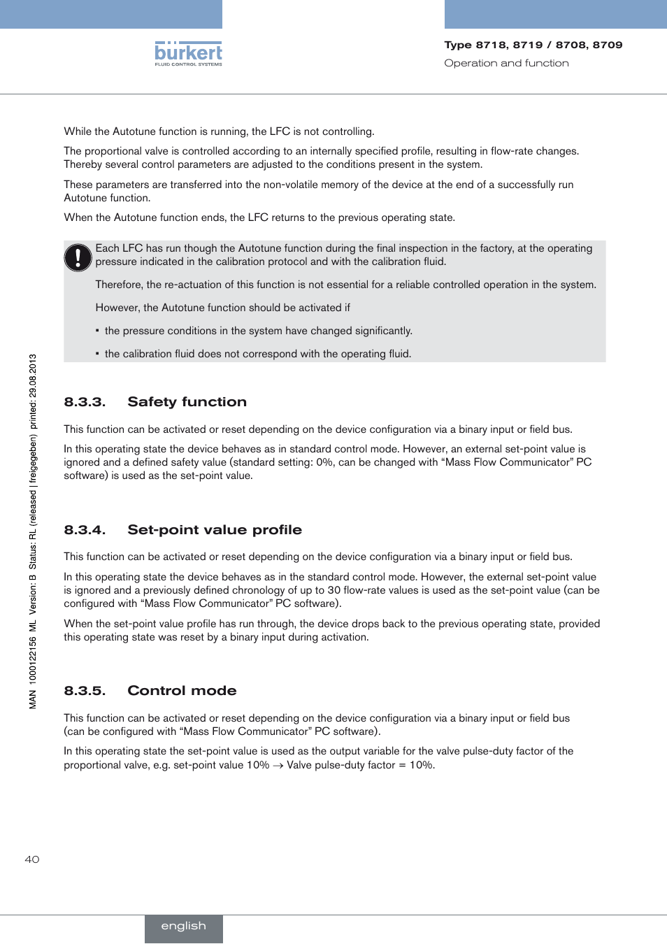 Safety function, Set-point value profile, Control mode | Burkert Type 8709 User Manual | Page 40 / 154