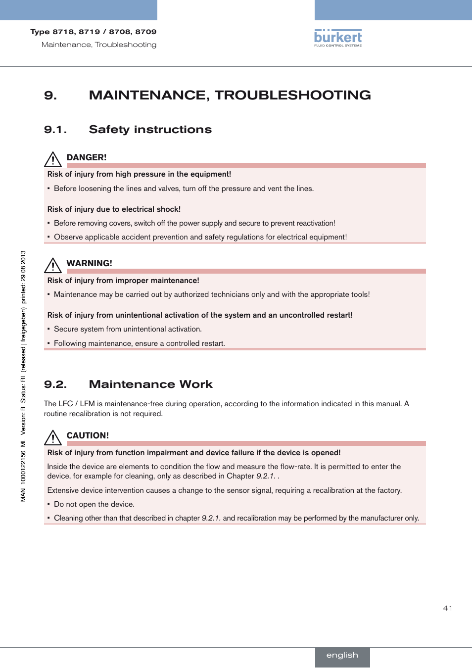 Maintenance, troubleshooting, Safety instructions, Maintenance work | Maintenance, troubleshooting 9, Safety instructions 9.1, Maintenance work 9.2 | Burkert Type 8709 User Manual | Page 41 / 154