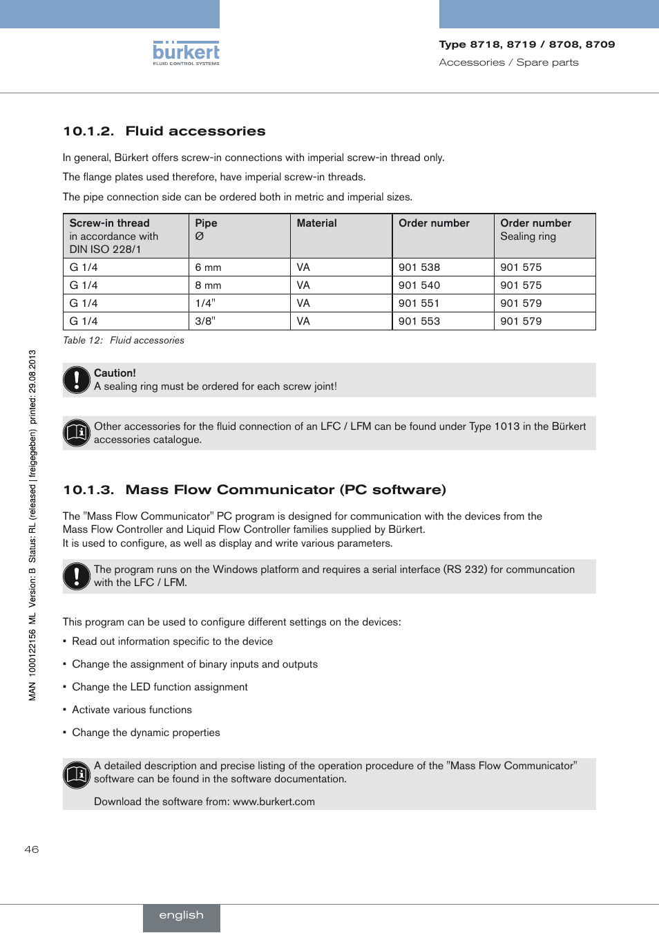Fluid accessories, Mass flow communicator (pc software), Mass flow communicator | Pc software) ), Mass, Flow communicator (pc software) | Burkert Type 8709 User Manual | Page 46 / 154