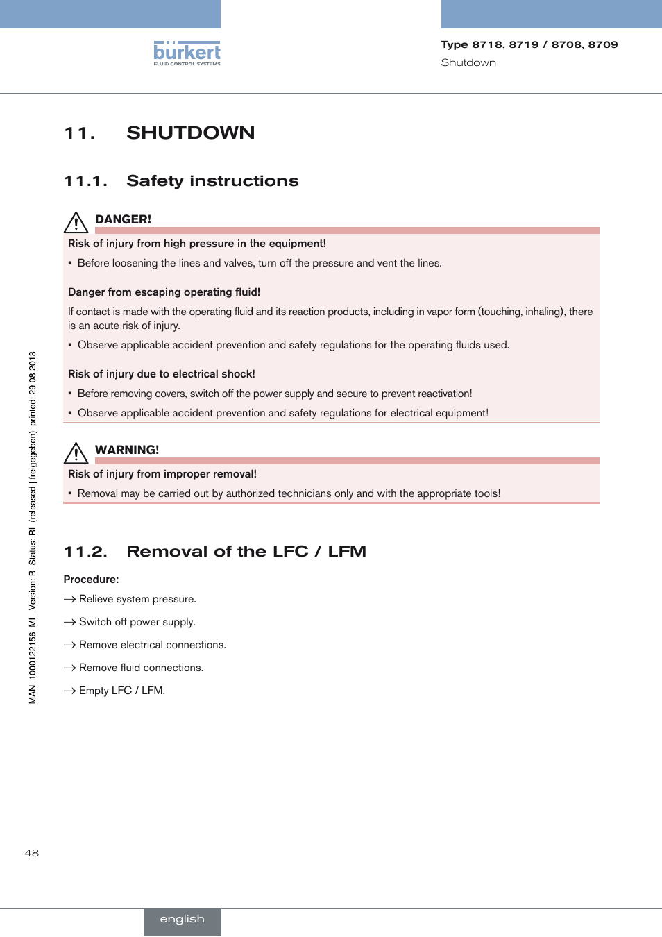 Shutdown, Safety instructions, Removal of the lfc / lfm | Shutdown 11, Safety instructions 11.1, Removal of the lfc / lfm 11.2 | Burkert Type 8709 User Manual | Page 48 / 154