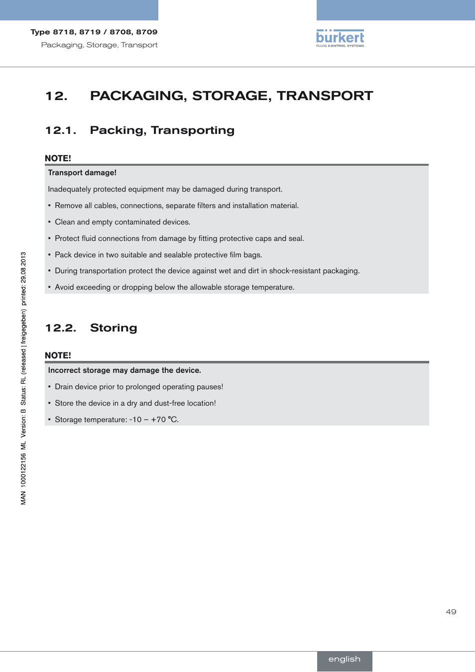 Packaging, storage, transport, Packing, transporting, Storing | Packaging, storage, transport 12, Storing 12.2 | Burkert Type 8709 User Manual | Page 49 / 154