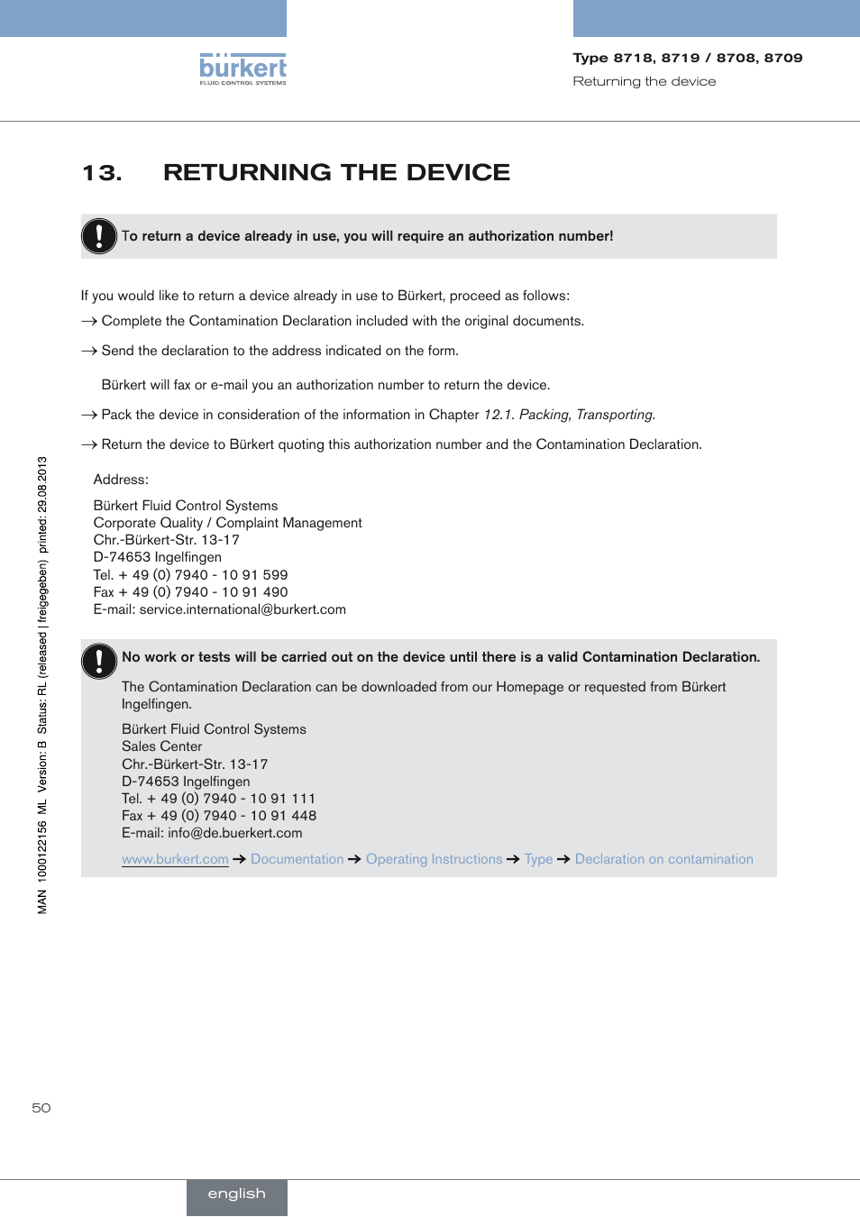 Returning the device, Returning the device 13 | Burkert Type 8709 User Manual | Page 50 / 154