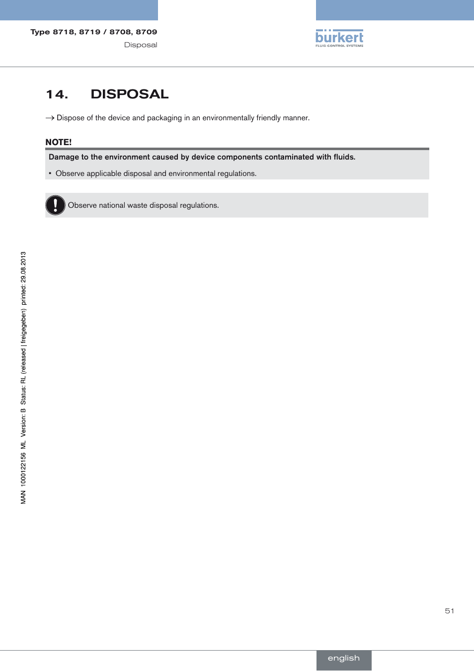 Disposal, Disposal 14 | Burkert Type 8709 User Manual | Page 51 / 154