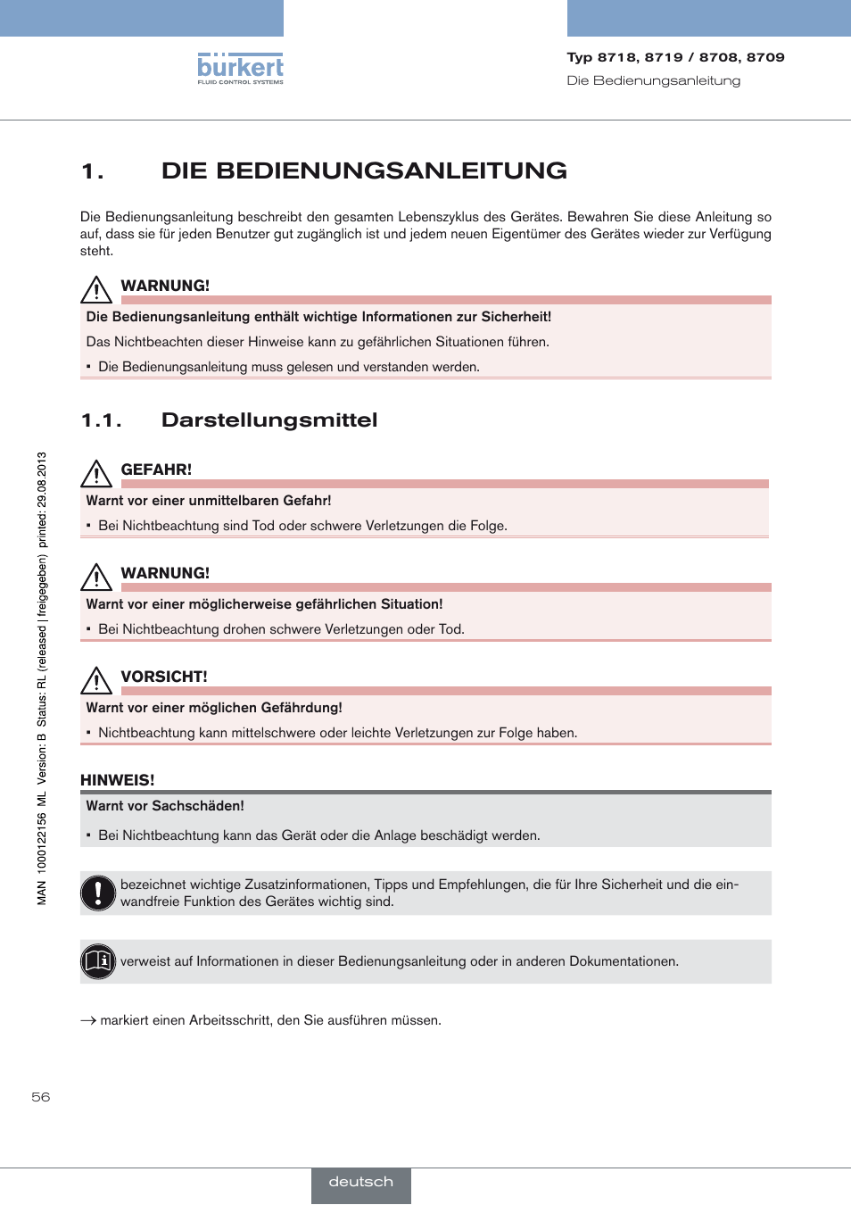 Die bedienungsanleitung, Darstellungsmittel, Die bedienungsanleitung 1 | Darstellungsmittel 1.1 | Burkert Type 8709 User Manual | Page 56 / 154