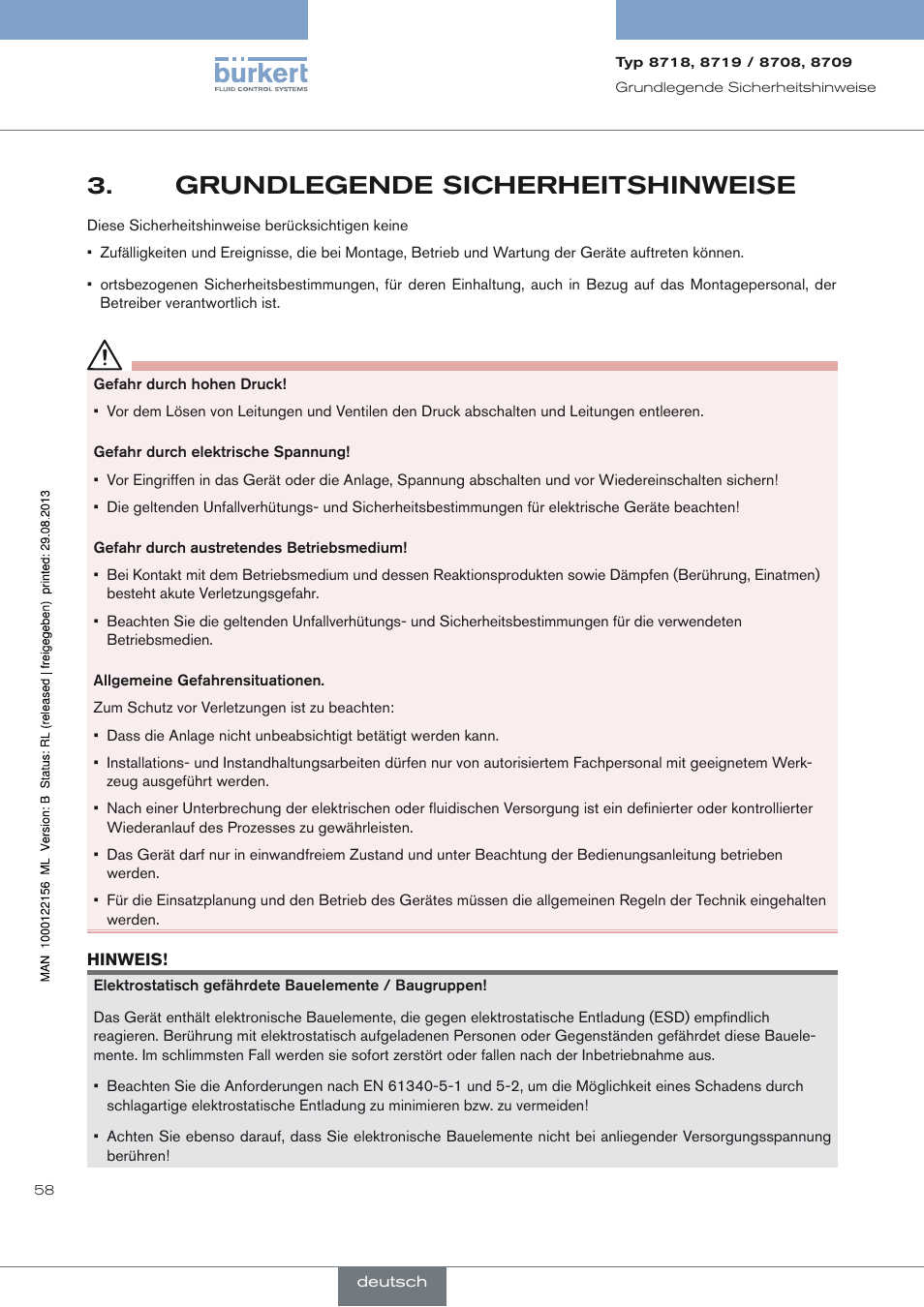 Grundlegende sicherheitshinweise, Grundlegende sicherheitshinweise 3 | Burkert Type 8709 User Manual | Page 58 / 154