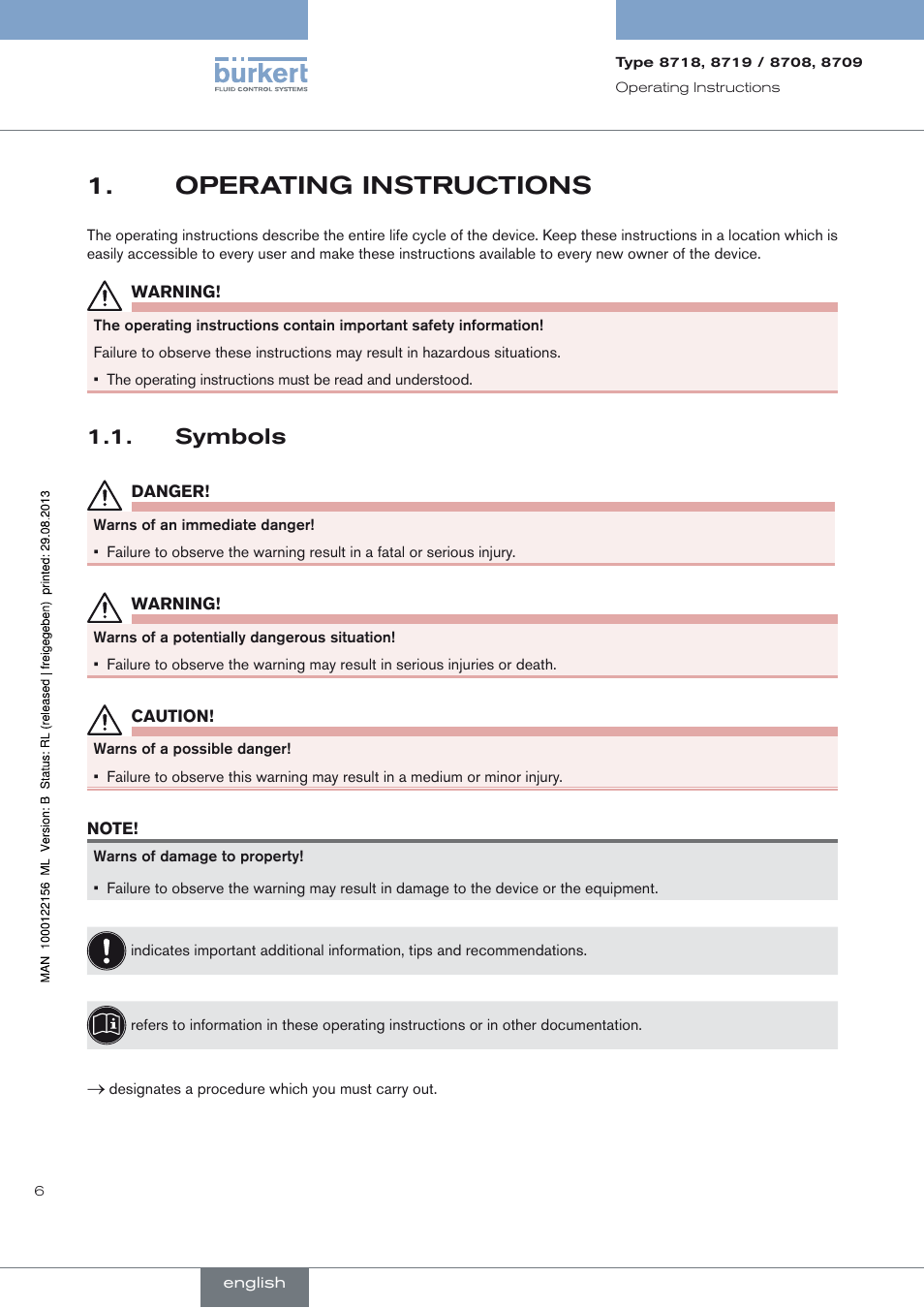 Operating instructions, Symbols, Operating instructions 1 | Symbols 1.1 | Burkert Type 8709 User Manual | Page 6 / 154