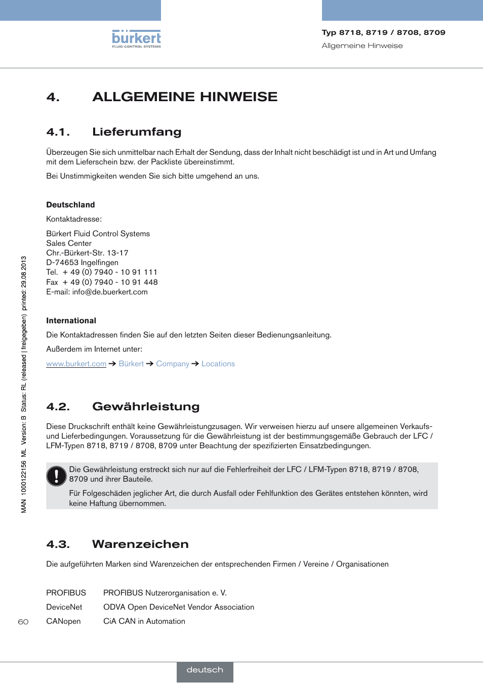 Allgemeine hinweise, Lieferumfang, Gewährleistung | Warenzeichen, Allgemeine hinweise 4, Lieferumfang 4.1, Gewährleistung 4.2, Warenzeichen 4.3 | Burkert Type 8709 User Manual | Page 60 / 154