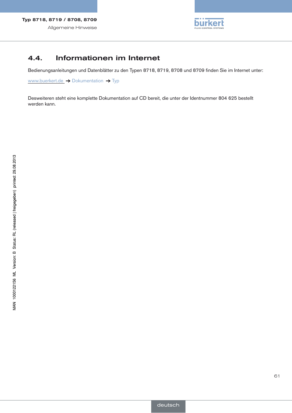 Informationen im internet, Informationen im internet 4.4 | Burkert Type 8709 User Manual | Page 61 / 154