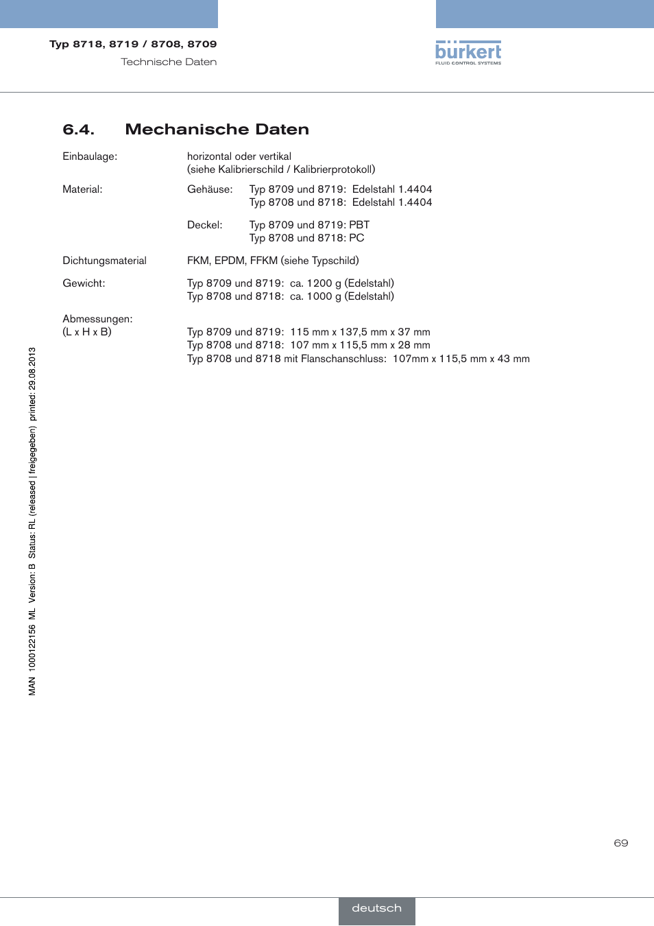 Mechanische daten, Mechanische daten 6.4 | Burkert Type 8709 User Manual | Page 69 / 154