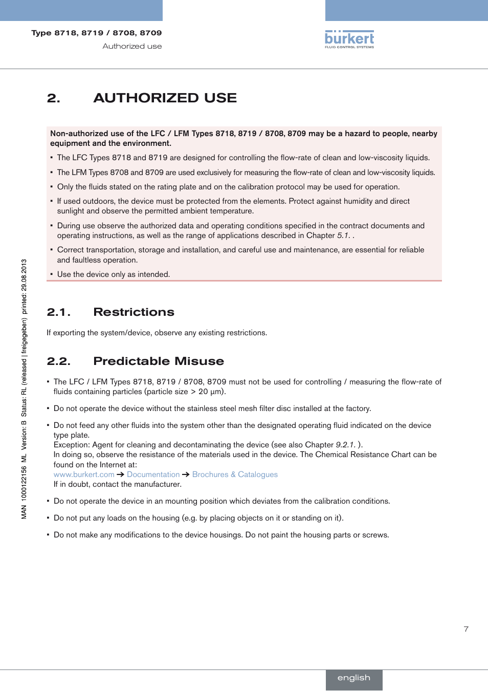 Authorized use, Restrictions, Predictable misuse | Authorized use 2, Restrictions 2.1, Predictable misuse 2.2 | Burkert Type 8709 User Manual | Page 7 / 154