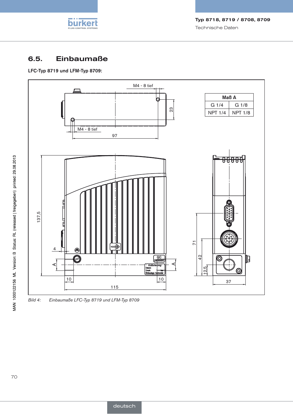 Einbaumaße, Einbaumaße 6.5 | Burkert Type 8709 User Manual | Page 70 / 154