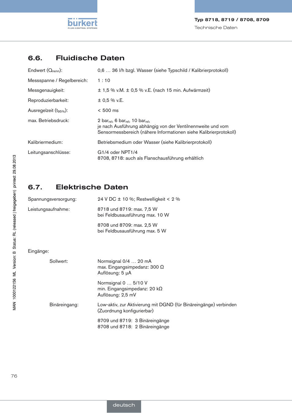 Fluidische daten, Elektrische daten, Elektrische daten 6.7 | Burkert Type 8709 User Manual | Page 76 / 154