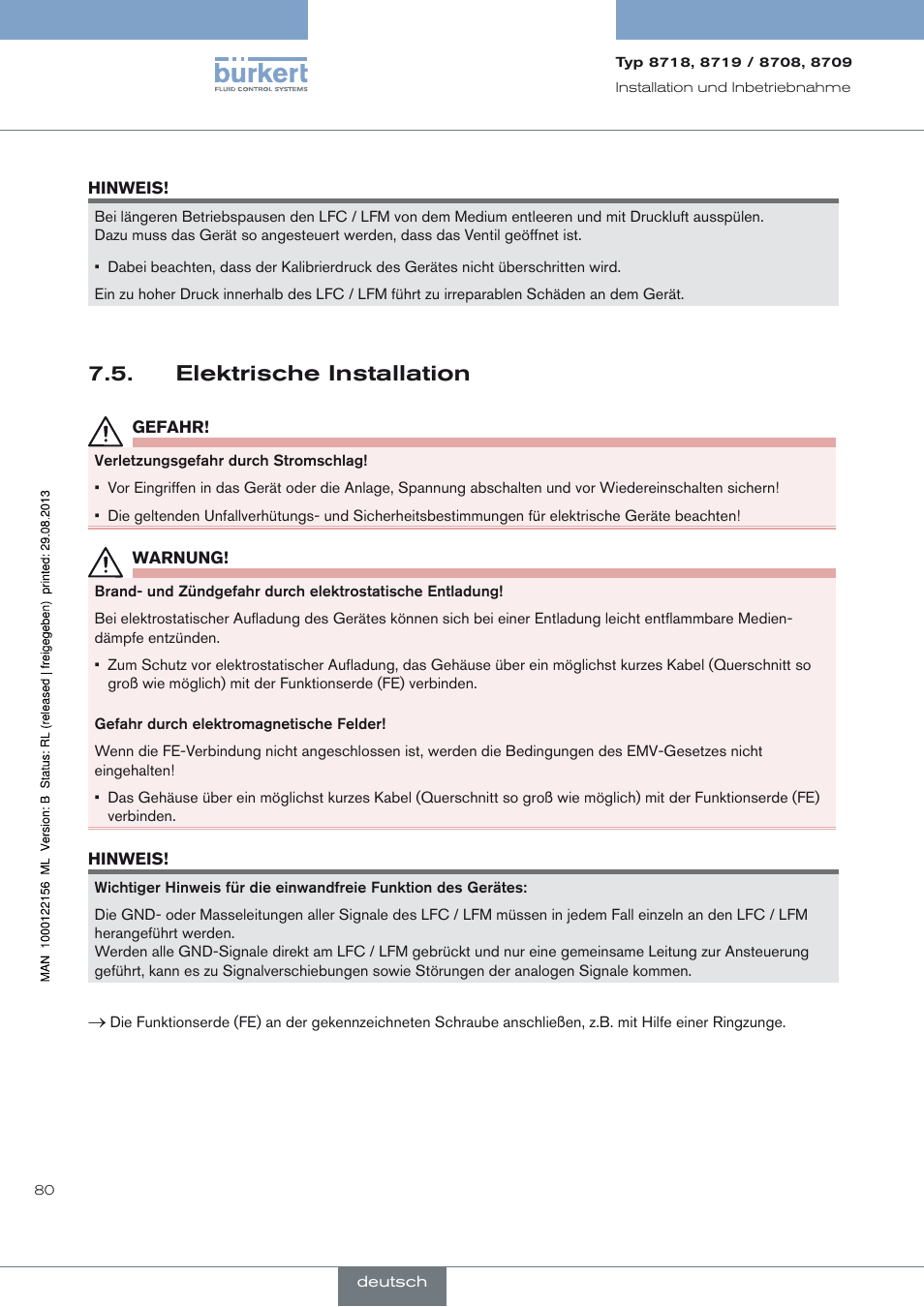 Elektrische installation, Elektrische installation 7.5 | Burkert Type 8709 User Manual | Page 80 / 154