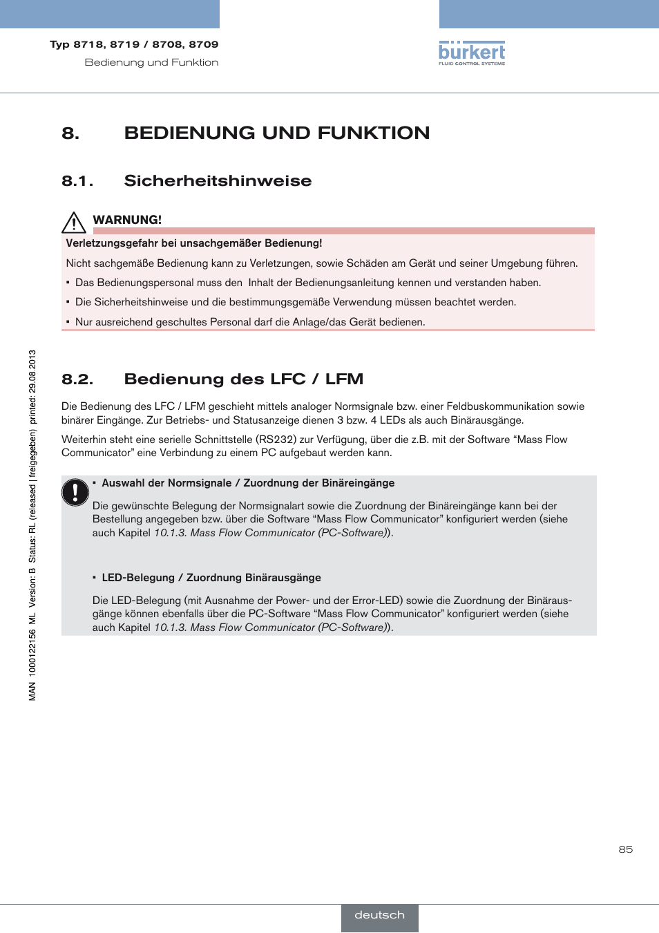 Bedienung und funktion, Sicherheitshinweise, Bedienung des lfc / lfm | Bedienung und funktion 8, Sicherheitshinweise 8.1, Bedienung des lfc / lfm 8.2 | Burkert Type 8709 User Manual | Page 85 / 154