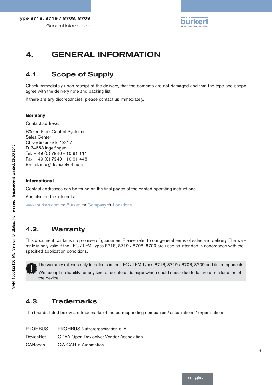 General information, Scope of supply, Warranty | Trademarks, General information 4, Scope of supply 4.1, Warranty 4.2, Trademarks 4.3 | Burkert Type 8709 User Manual | Page 9 / 154