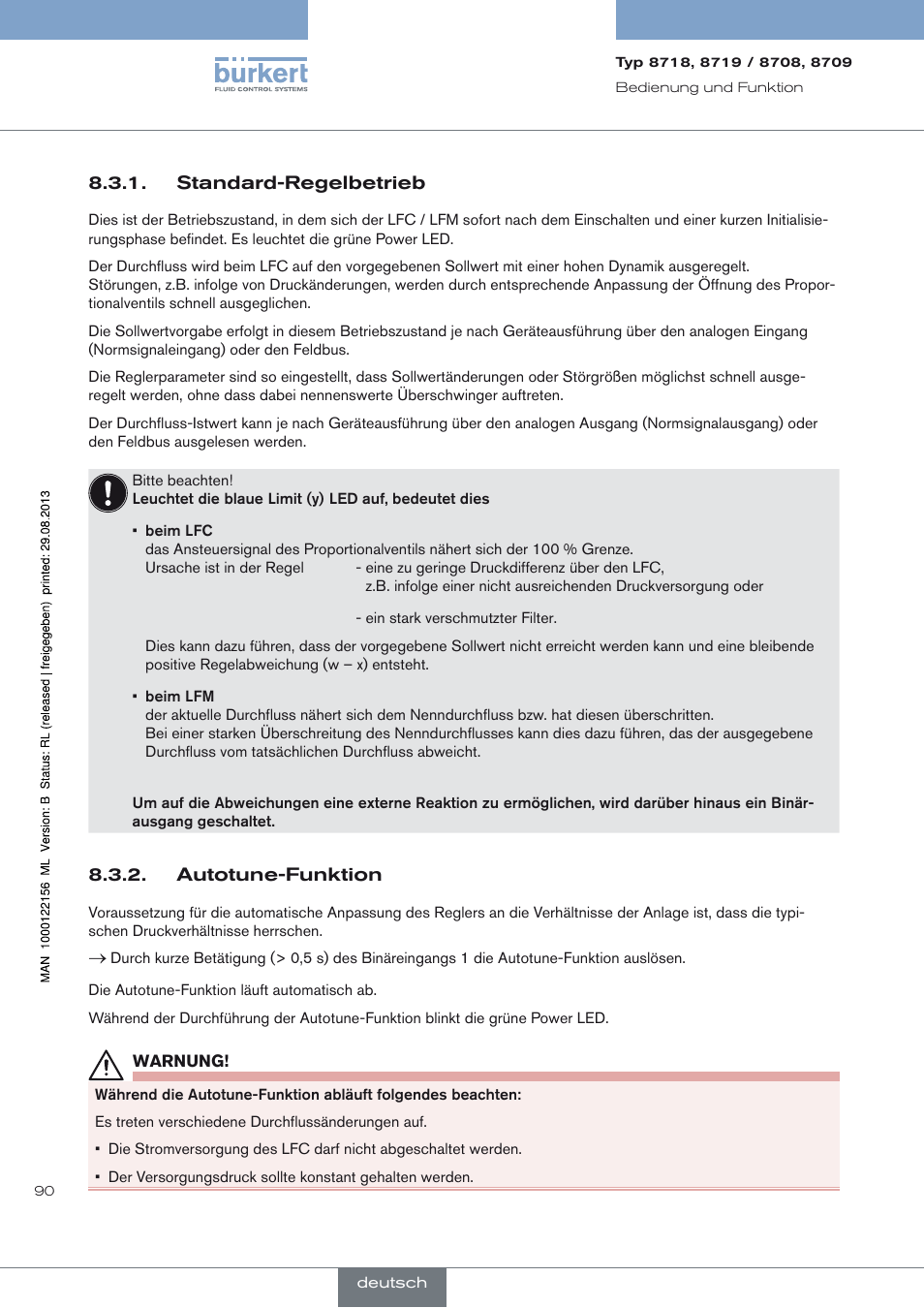 Standard-regelbetrieb, Autotune-funktion | Burkert Type 8709 User Manual | Page 90 / 154