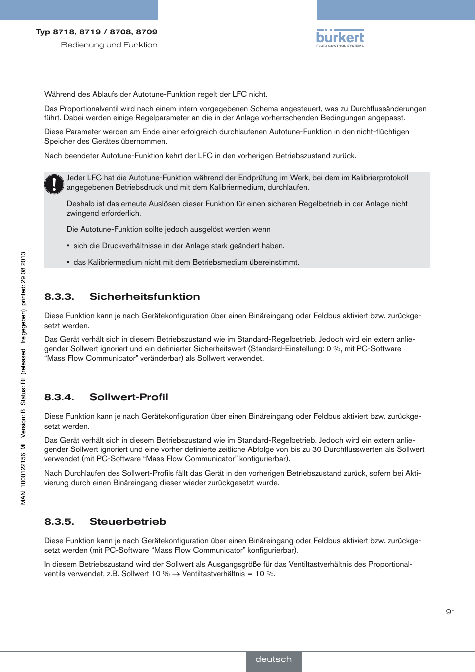 Sicherheitsfunktion, Sollwert-profil, Steuerbetrieb | Burkert Type 8709 User Manual | Page 91 / 154