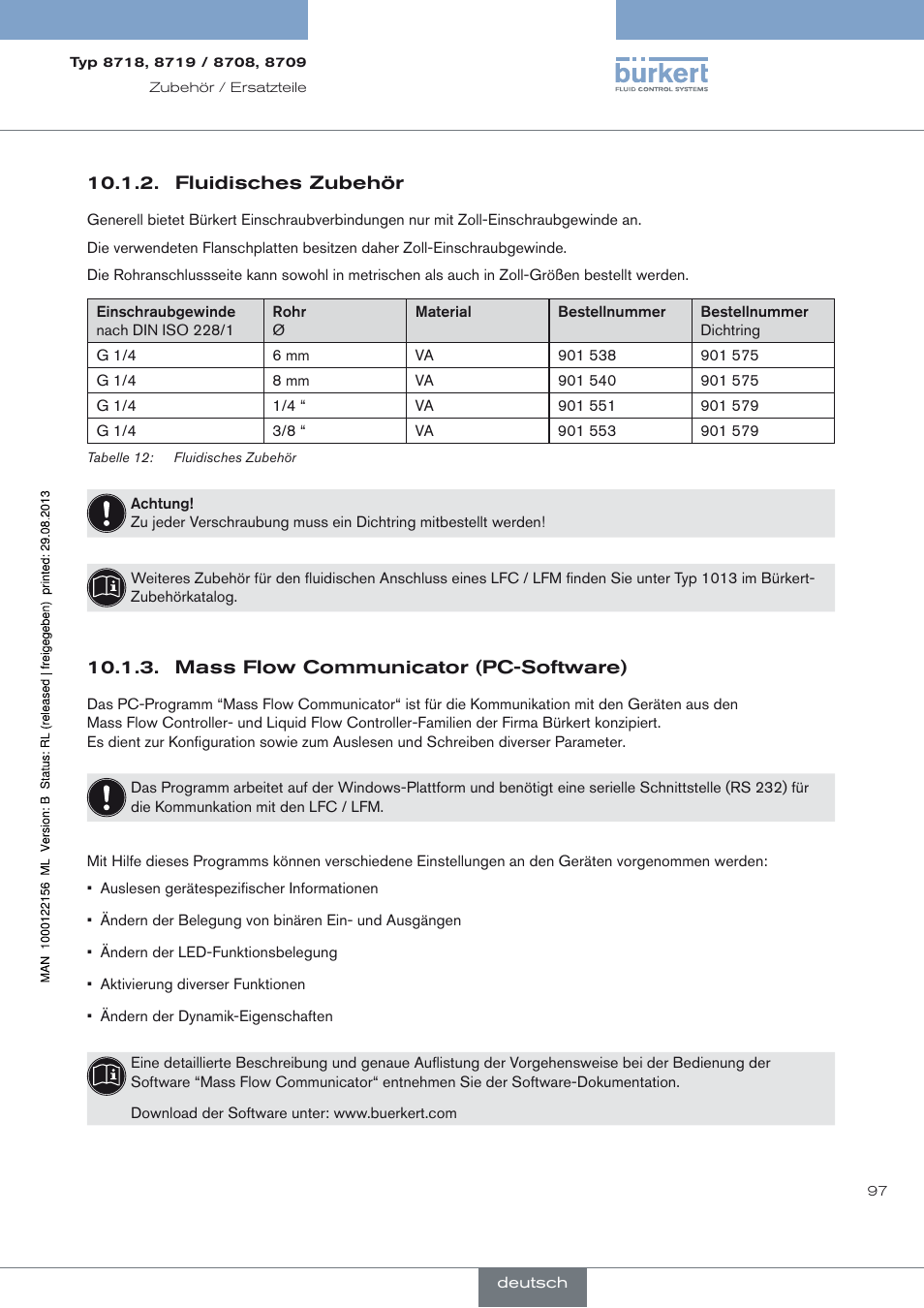 Fluidisches zubehör, Mass flow communicator (pc-software) | Burkert Type 8709 User Manual | Page 97 / 154