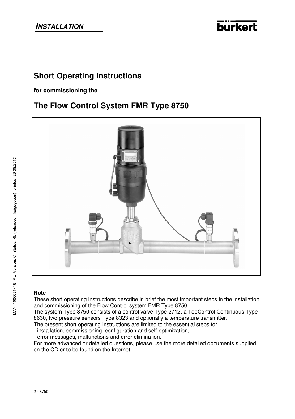 Short operating instructions, The flow control system fmr type 8750 | Burkert Type 8750 User Manual | Page 4 / 82
