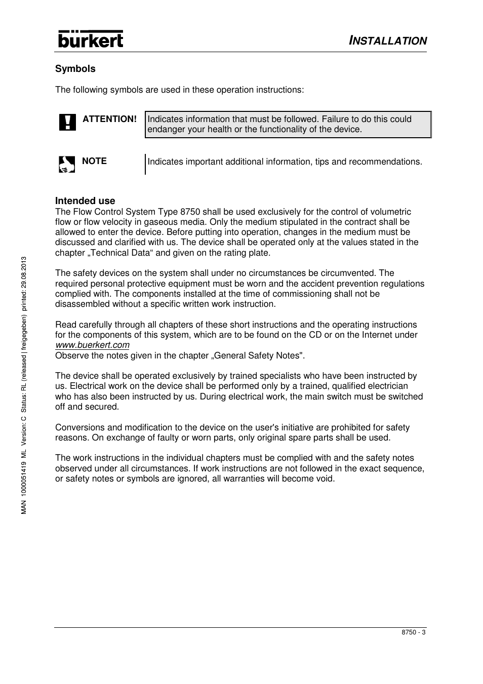 Nstallation | Burkert Type 8750 User Manual | Page 5 / 82