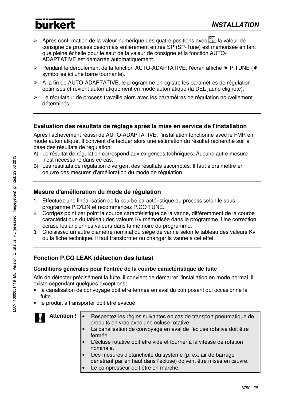 Nstallation, Mesure d'amélioration du mode de régulation, Fonction p.co leak (détection des fuites) | Burkert Type 8750 User Manual | Page 77 / 82