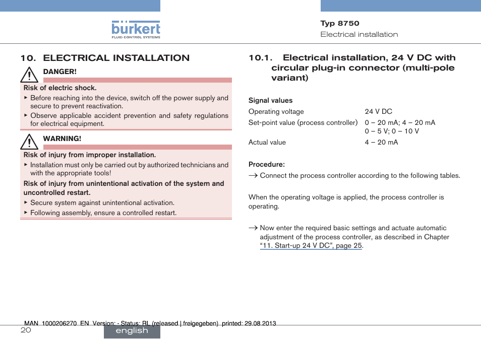 Electrical installation, Connector (multi-pole variant) | Burkert Type 8750 User Manual | Page 20 / 64