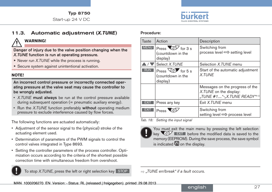 Automatic adjustment ( x.tune ) | Burkert Type 8750 User Manual | Page 27 / 64