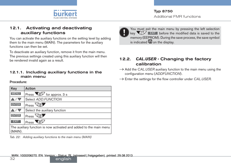 See chapter “12.2. cal.user - changing the, Factory calibration | Burkert Type 8750 User Manual | Page 32 / 64