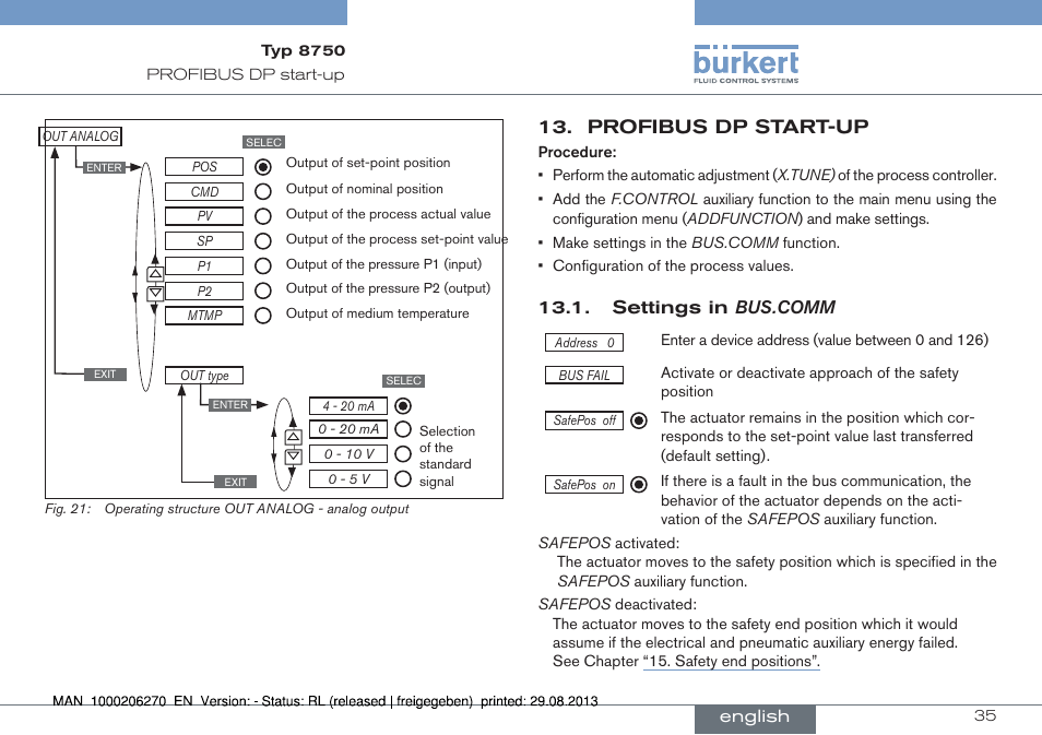 Profibus dp start-up, Settings in bus.comm | Burkert Type 8750 User Manual | Page 35 / 64