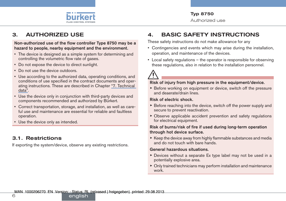 Authorized use, Restrictions, Basic safety instructions | Burkert Type 8750 User Manual | Page 6 / 64