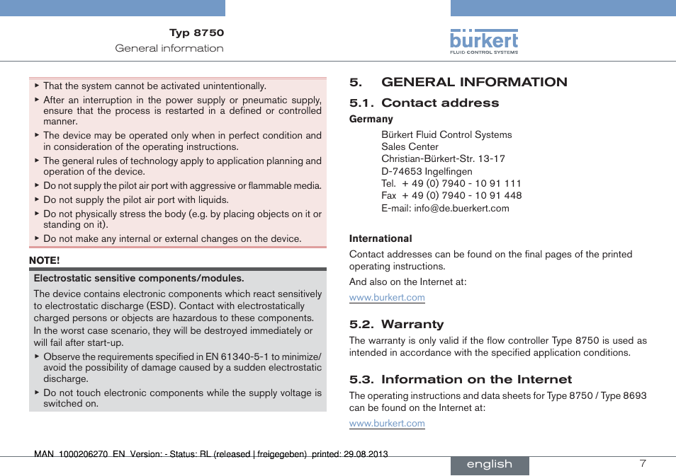 General information | Burkert Type 8750 User Manual | Page 7 / 64