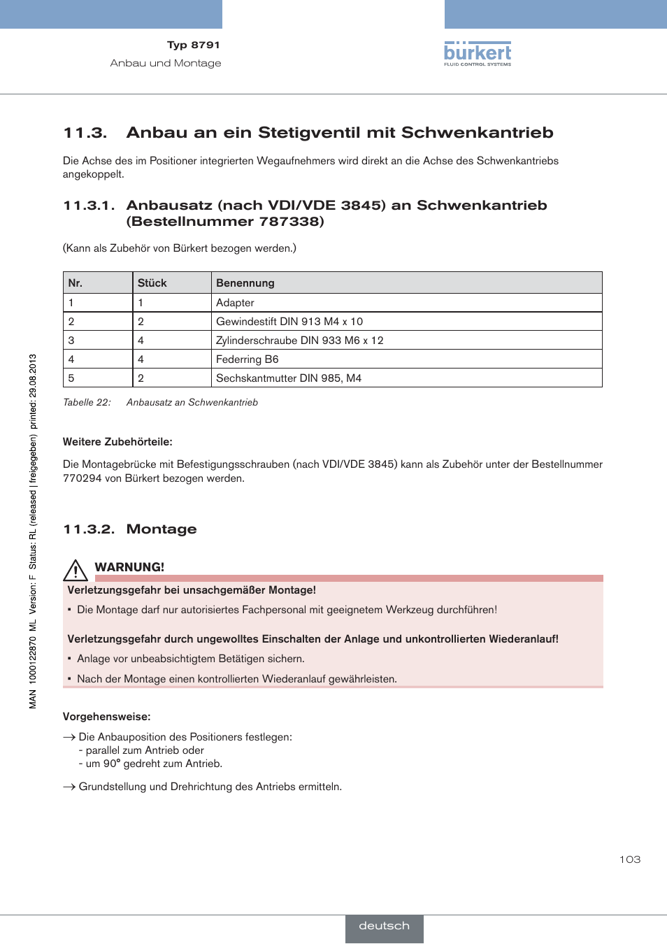 Anbau an ein stetigventil mit schwenkantrieb, Montage | Burkert Type 8791 User Manual | Page 103 / 184