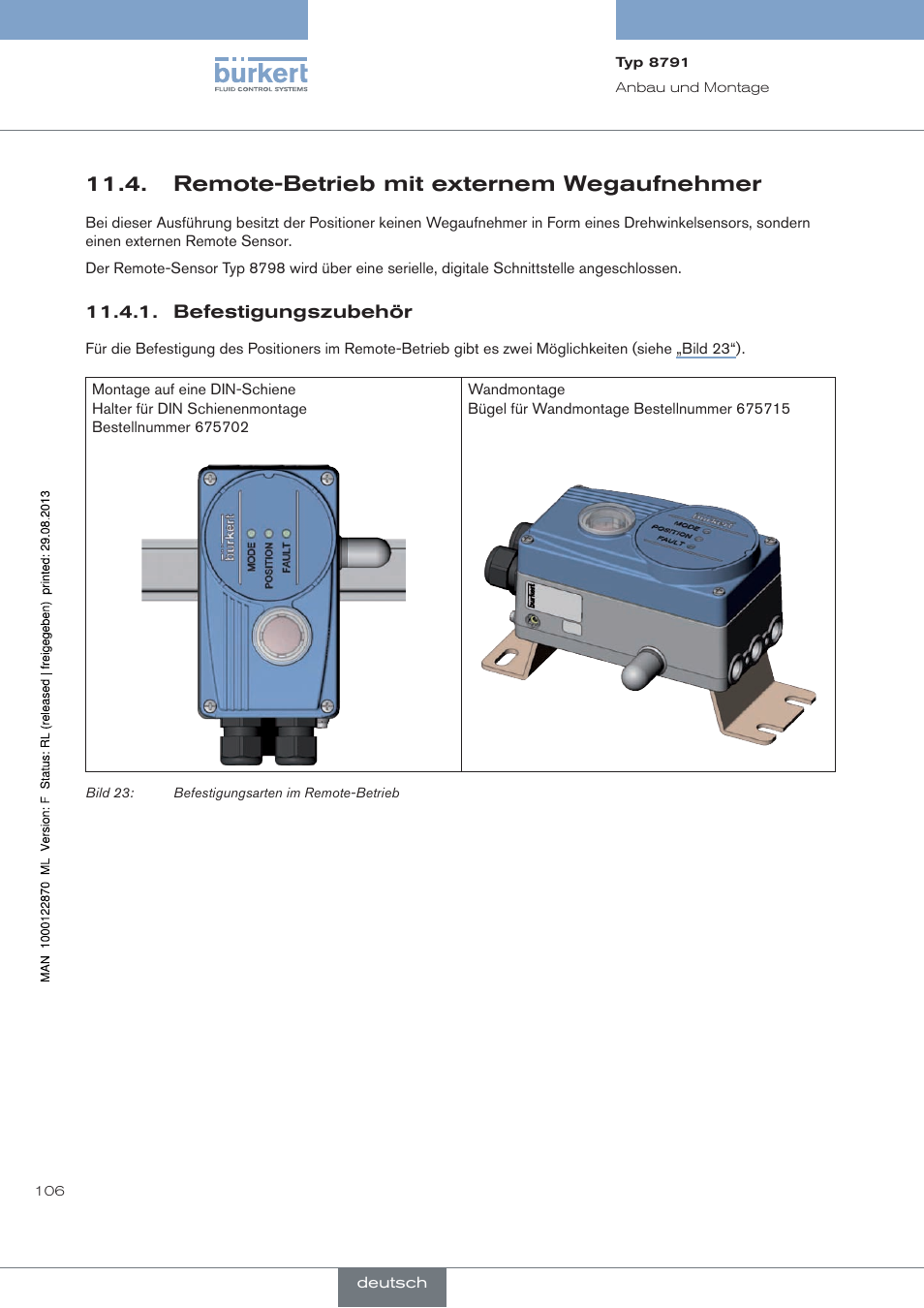 Remote-betrieb mit externem wegaufnehmer, Befestigungszubehör | Burkert Type 8791 User Manual | Page 106 / 184
