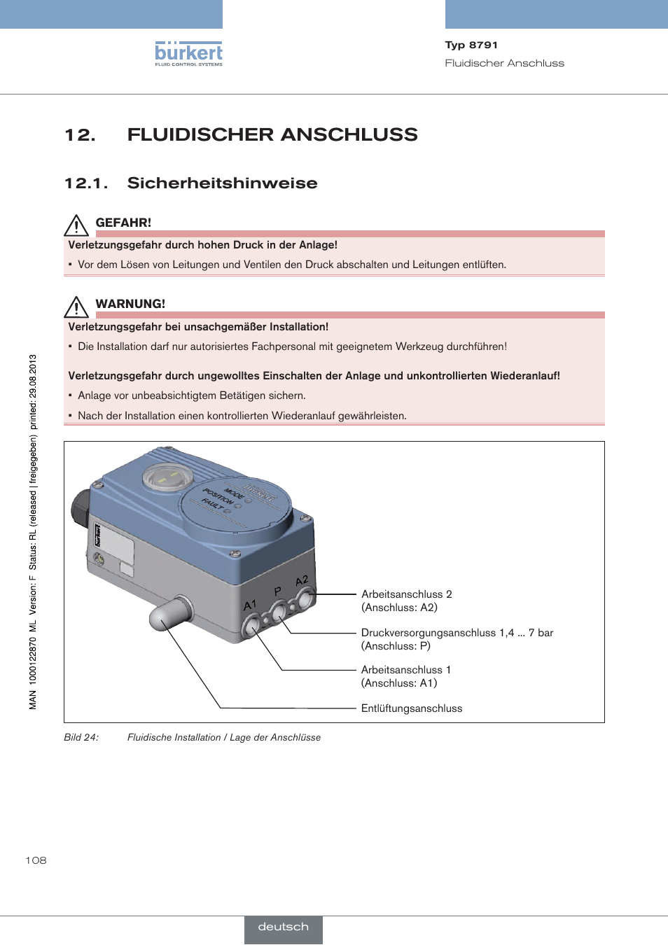 Fluidischer anschluss, Sicherheitshinweise | Burkert Type 8791 User Manual | Page 108 / 184