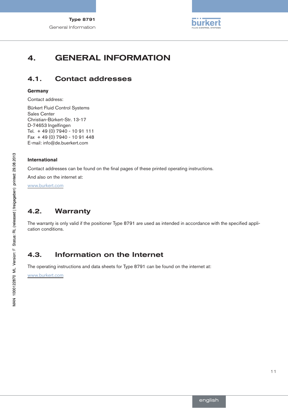 General information, Contact addresses, Warranty | Information on the internet | Burkert Type 8791 User Manual | Page 11 / 184