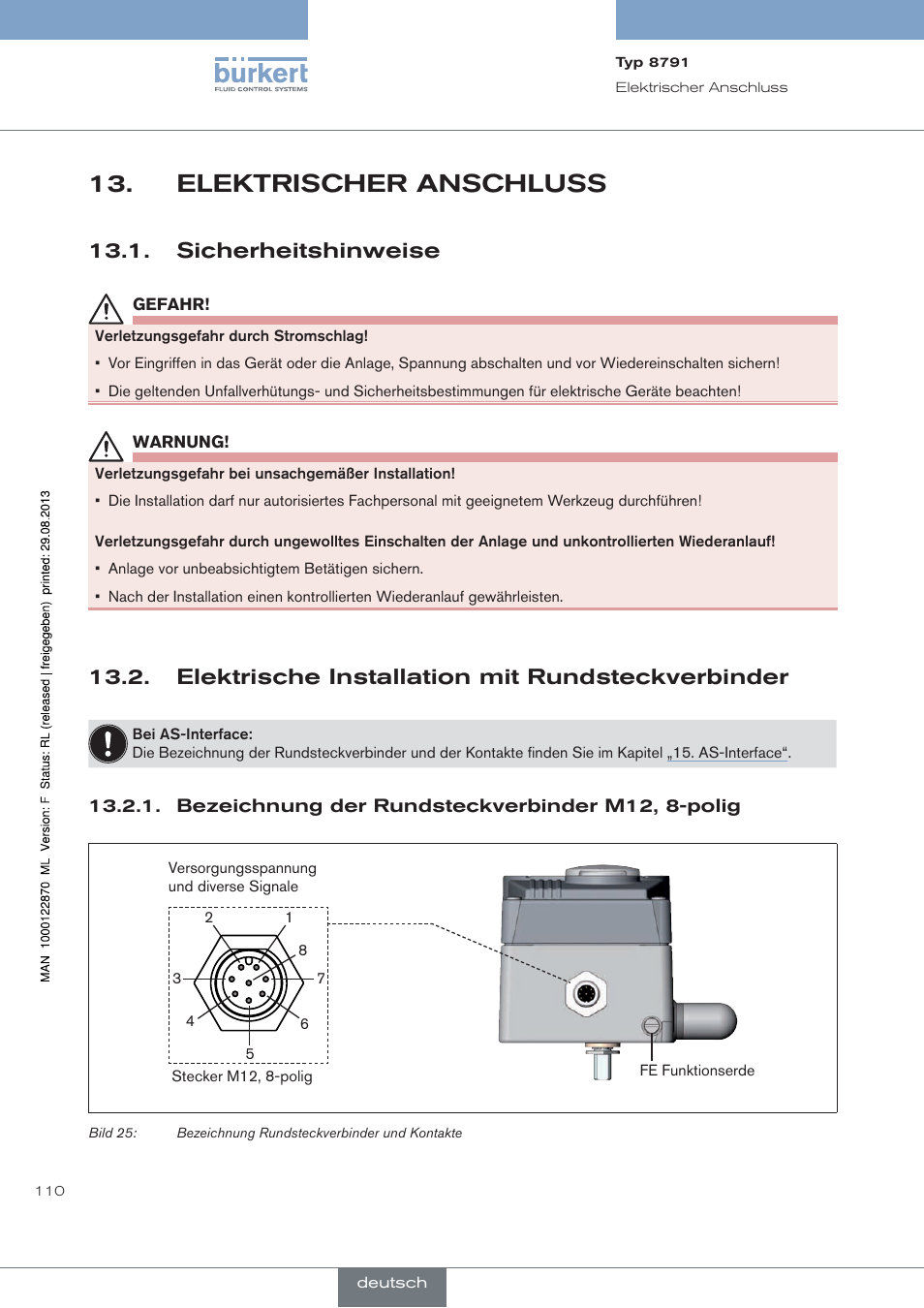 Elektrischer anschluss, Sicherheitshinweise, Elektrische installation mit rundsteckverbinder | Bezeichnung der rundsteckverbinder | Burkert Type 8791 User Manual | Page 110 / 184