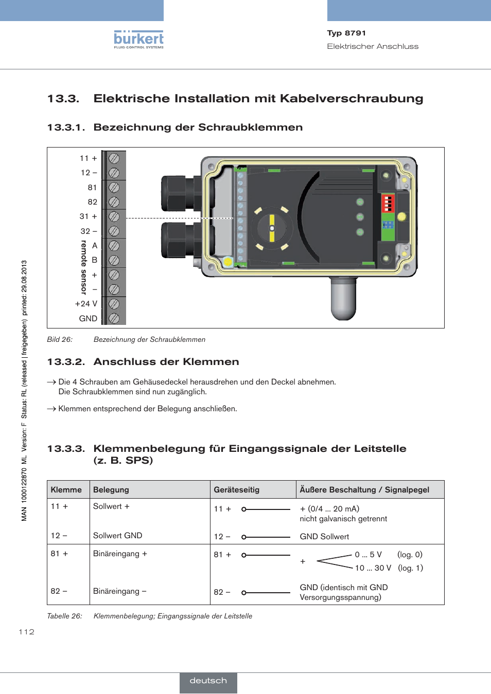 Elektrische installation mit kabelverschraubung, Bezeichnung der schraubklemmen, Anschluss der klemmen | Burkert Type 8791 User Manual | Page 112 / 184