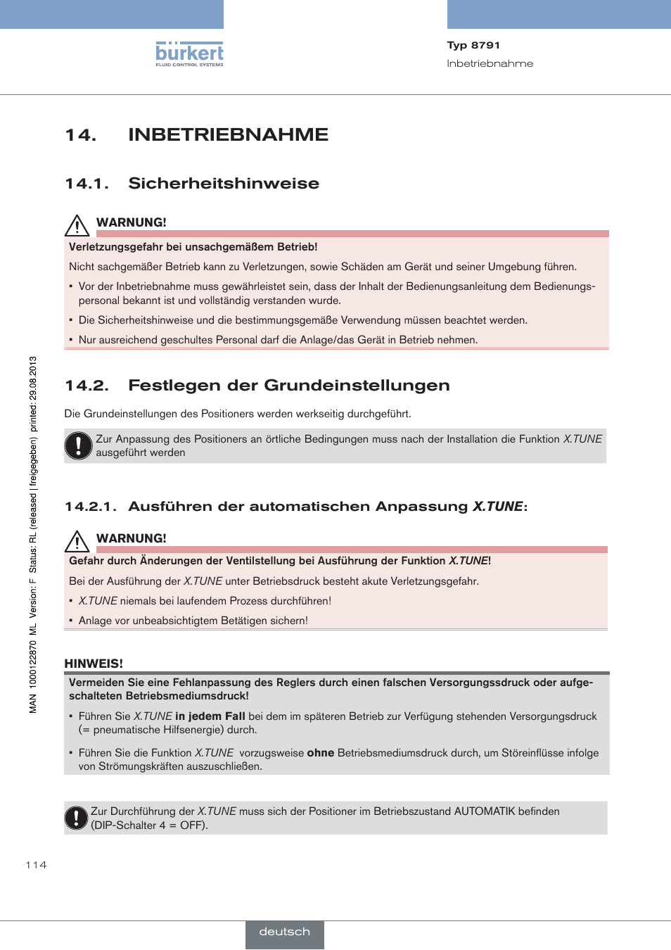 Inbetriebnahme, Sicherheitshinweise, Festlegen der grundeinstellungen | Ausführen der automatischen anpassung x.tune | Burkert Type 8791 User Manual | Page 114 / 184