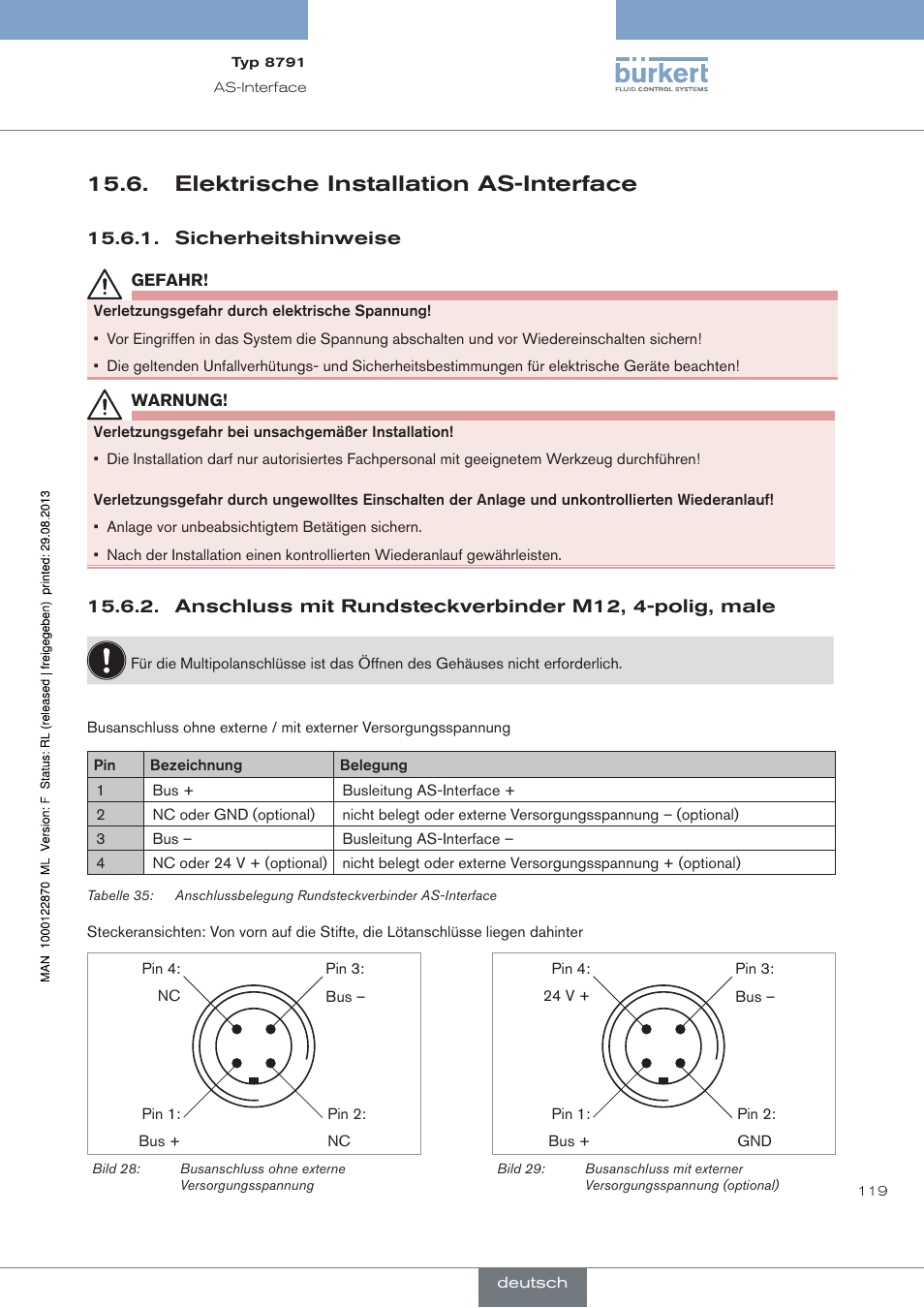Elektrische installation as-interface, Sicherheitshinweise | Burkert Type 8791 User Manual | Page 119 / 184